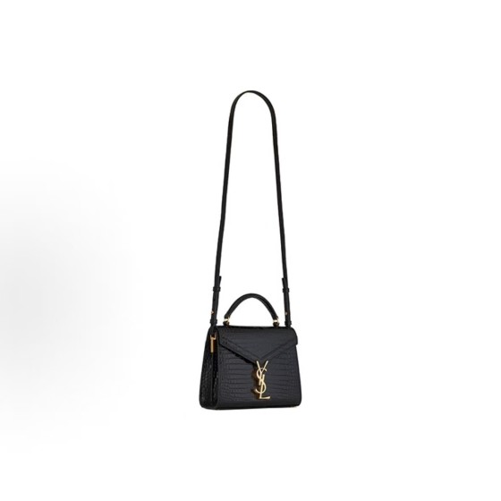 SAINT LAURENT CASSANDRA Gold Logo Crocodile embossed shiny crossbody bag, handbag, shoulder bag, mini women\'s style, black